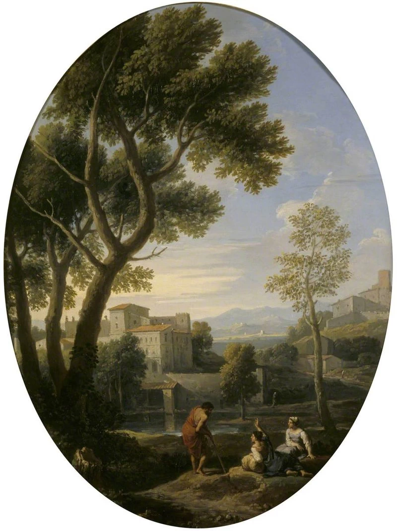 Paesaggio classico con uomo e donna in conversazione e una villa - National Trust